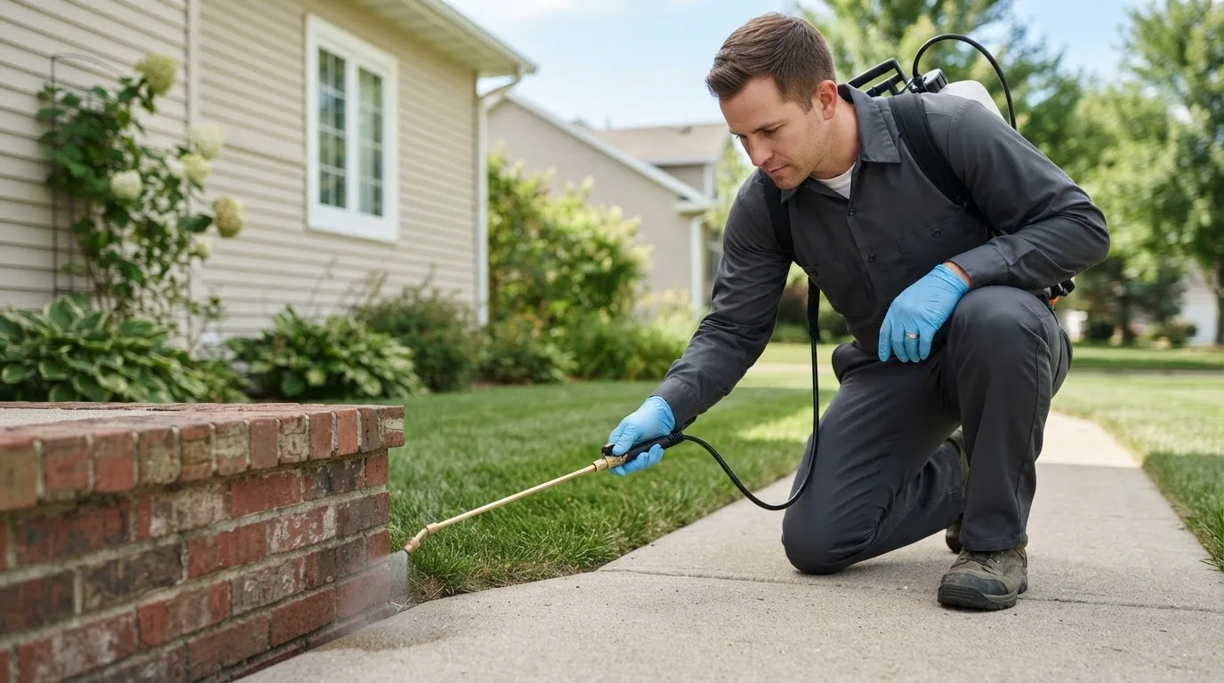 Pest control technician treating a home near Hopkins, MI