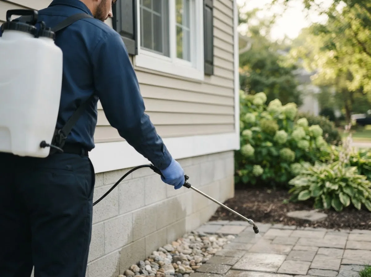 Pest control technician inspecting a home in Hopkins, MI